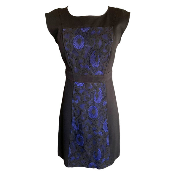 Ann Taylor LOFT Petite 00 Black Sheath Dress Blue Lace Overlay Cap Sleeve Zipper - Picture 1 of 11